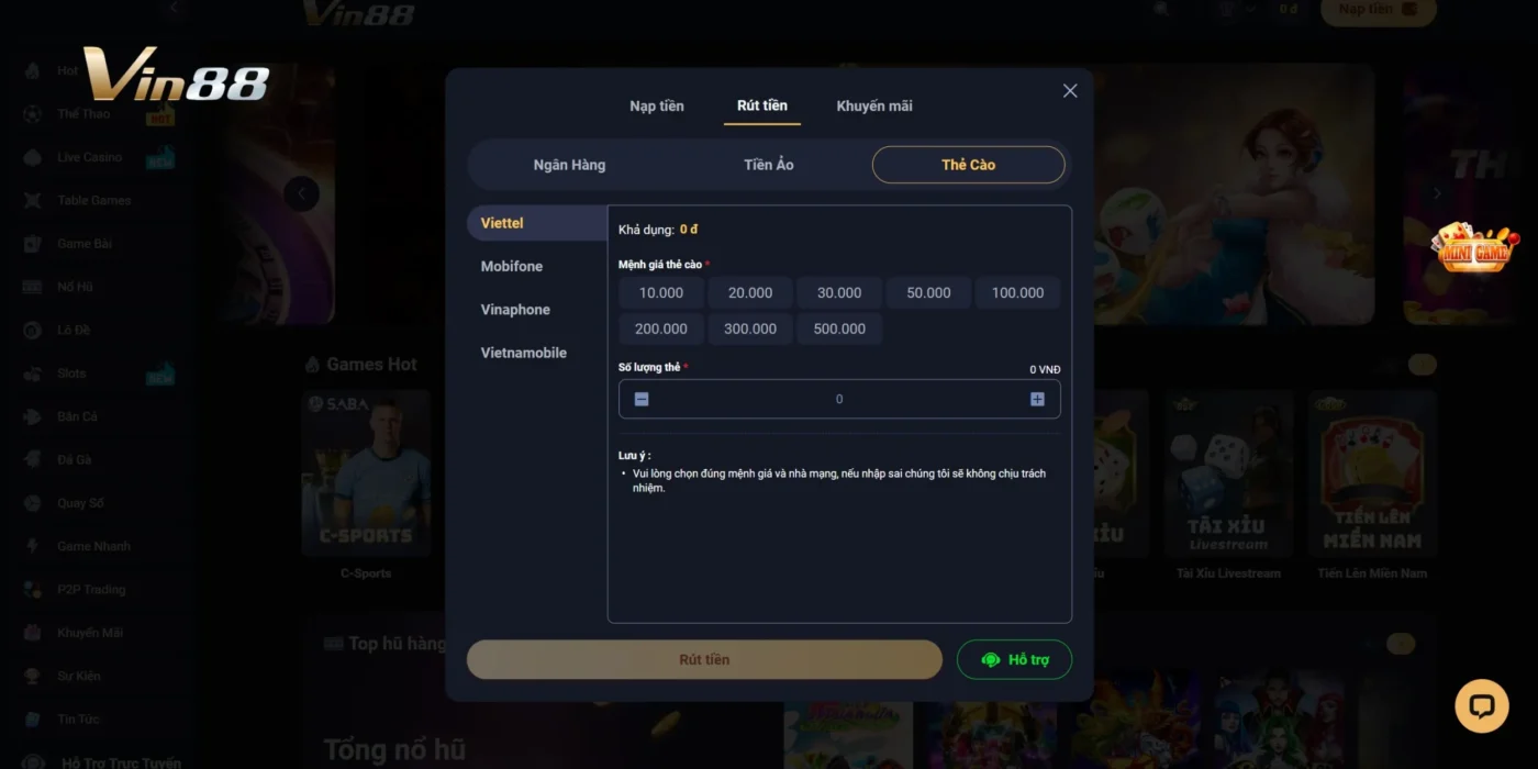 Rút tiền tại Vin88 nhanh chóng qua thẻ cào điện thoại